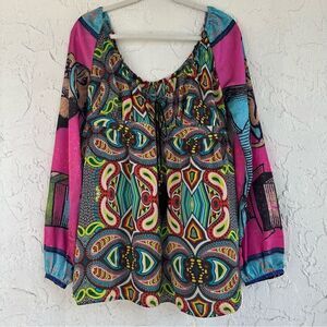 CUSTO BARCELONA Top Women 4 Artsy Art To Wear Boho Cat Silky Y2K Babydoll‎